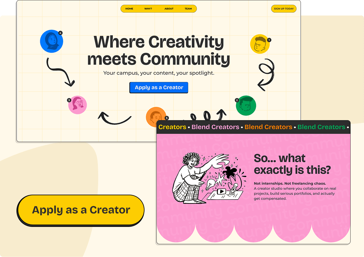 Blend Creator Hub platform screenshots showing creator profiles and apply flow