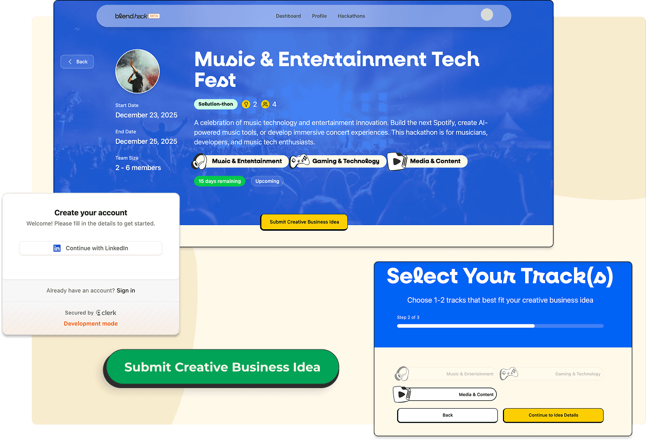 Blend Hack platform screenshots showing hackathon dashboard, signup, and track selection