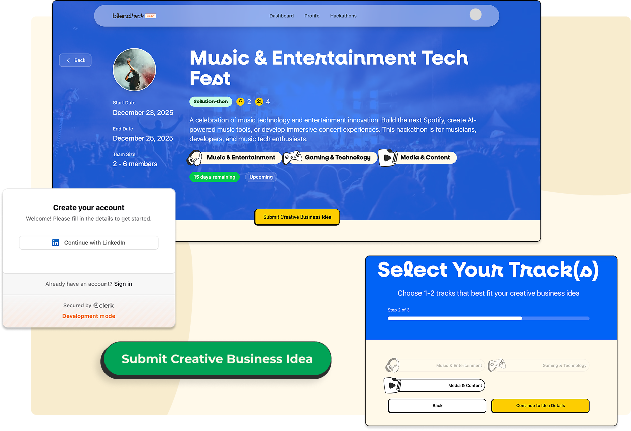 Blend Hack platform screenshots showing hackathon dashboard, signup, and track selection